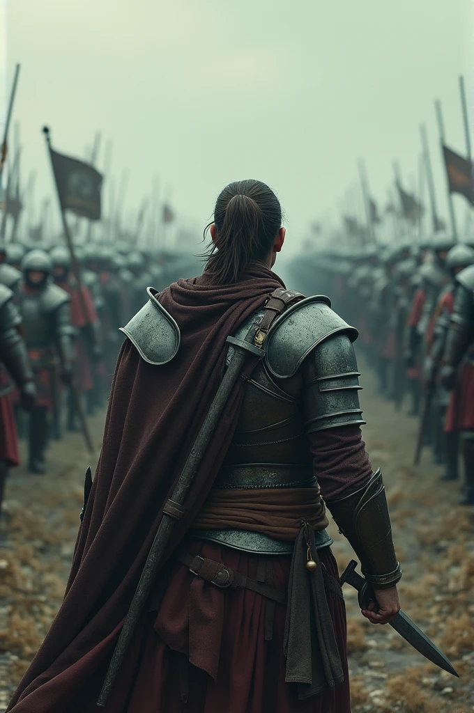 Create a photo of a lonely warrior  against a huge army  