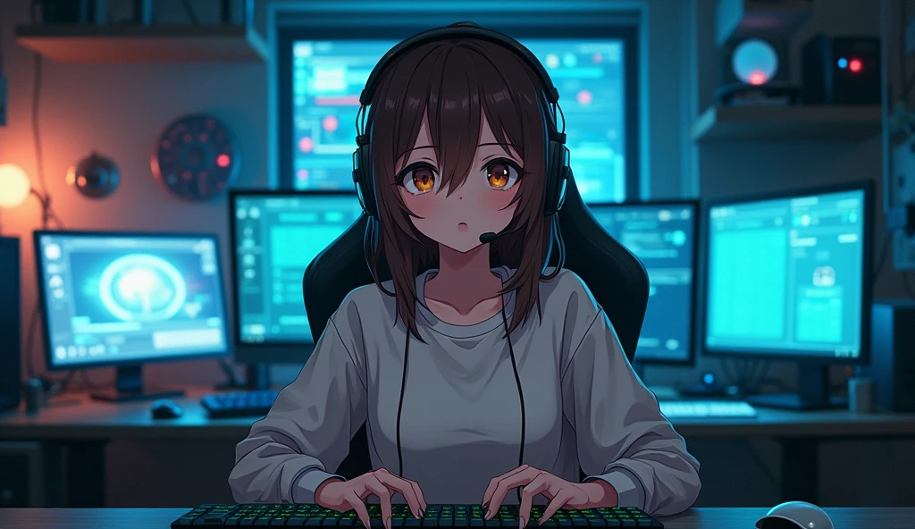 ((Masterpiece)), (((Best Quality)))), ((Illustration)), (Depth of Field: 1.2),Serious and mysterious Komi San themed anime gamer girl,Hacker Beautiful medium skin colored Girl, Indoors, Room, Dim Room,futuristic, Computer Room, not so cute with headphones and brown hair, with a microphone, Computer Equipment, Ethical Hacker, Server Room Background, monitors, (LED monitors, surrounded by multiple display monitors: 1.5), gaming chair, hair highlights, , light cyber clothes, messy room, front, bottom, talking at camera, staring directly into the camara, She is front facing to the camera,center of room, facing the camera