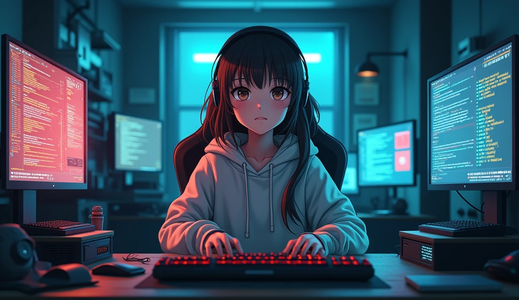 ((Masterpiece)), (((Best Quality)))), ((Illustration)), (Depth of Field: 1.2),Serious and mysterious Komi San themed anime gamer girl,Hacker Beautiful medium skin colored Girl, Indoors, Room, Dim Room,futuristic, Computer Room, not so cute with headphones and brown hair, with a microphone, Computer Equipment, Ethical Hacker, Server Room Background, monitors, (LED monitors, surrounded by multiple display monitors: 1.5), gaming chair, hair highlights, , light cyber clothes, messy room, front, bottom, talking at camera, staring directly into the camara, She is front facing to the camera,center of room, facing the camera