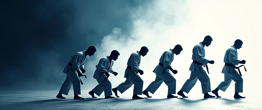 Create an impactful cover for the "Jiu Jitsu Evolution Program" that captures the essence of evolution in Jiu-Jitsu. The image should feature a jiu-jitsu fighter in a traditional kimono, in different phases of training, symbolizing the progression from beginner to advanced. Ao fundo, there must be a gradation that represents this evolution, with shades of dark blue to bright white, symbolizing growth and transformation.
The fighter can be shown in fighting stances, suggesting strength and endurance. The program logo must be centered at the top of the cover., with a strong and modern typography that conveys power and determination. down, a subtle line with the slogan: "Evolve on the Mat. Strengthen Out of Him."
O design deve ser limpo, but dynamic, attracting practitioners of all levels, with a visual appeal that reflects both tradition and innovation in Jiu-Jitsu.