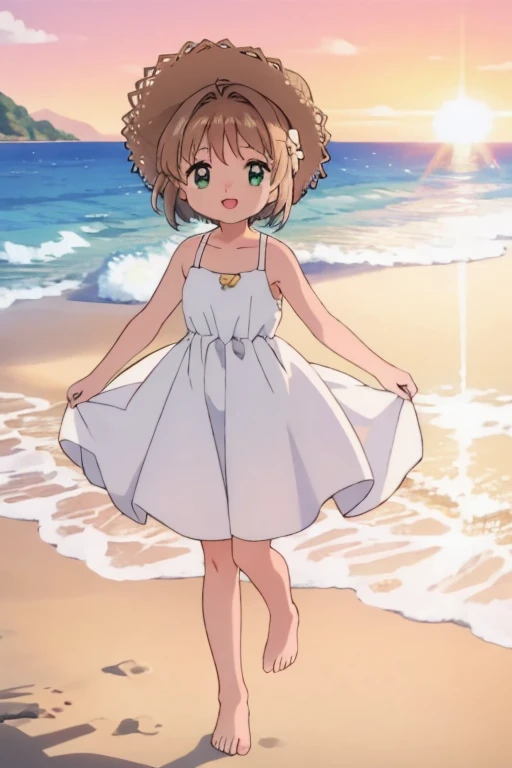 High resolution backgrounds,Beautiful background,anime, cute,Beach Sunset,The big sun setting on the horizon,9-year-old girl,White camisole dress,Chestnut Hair,Short Bob Hair,barefoot,Happy expression,Green Eyes,White straw hat,Lens flare