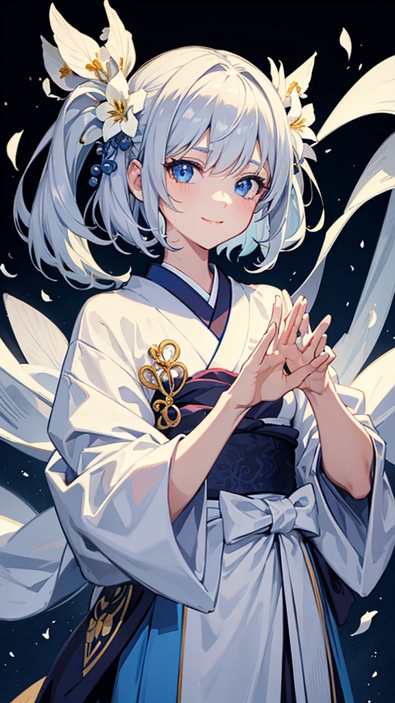 Anime character, half body only, upper body only, half body portrait, posing like a model, good looking, beautiful, full of details, aesthetic, hd, masterpiece art, amazing work. Solo, young lady, short hair, flower accessories, bluish gray colored hair, Lady, blue eyes, smile, elegant look, elegant carrying, white Japanese kimono, blue decoration, Lily flower theme, eyes facing camera, hands outstretched forward, hands asking for a hand , simple background.