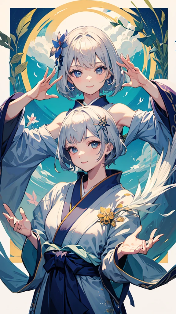Anime character, half body only, upper body only, half body portrait, posing like a model, good looking, beautiful, full of details, aesthetic, hd, masterpiece art, amazing work. Solo, young lady, short hair, flower accessories, bluish gray colored hair, Lady, blue eyes, smile, elegant look, elegant carrying, white Japanese kimono, blue decoration, Lily flower theme, eyes facing camera, hands outstretched forward, hands asking for a hand , simple background.