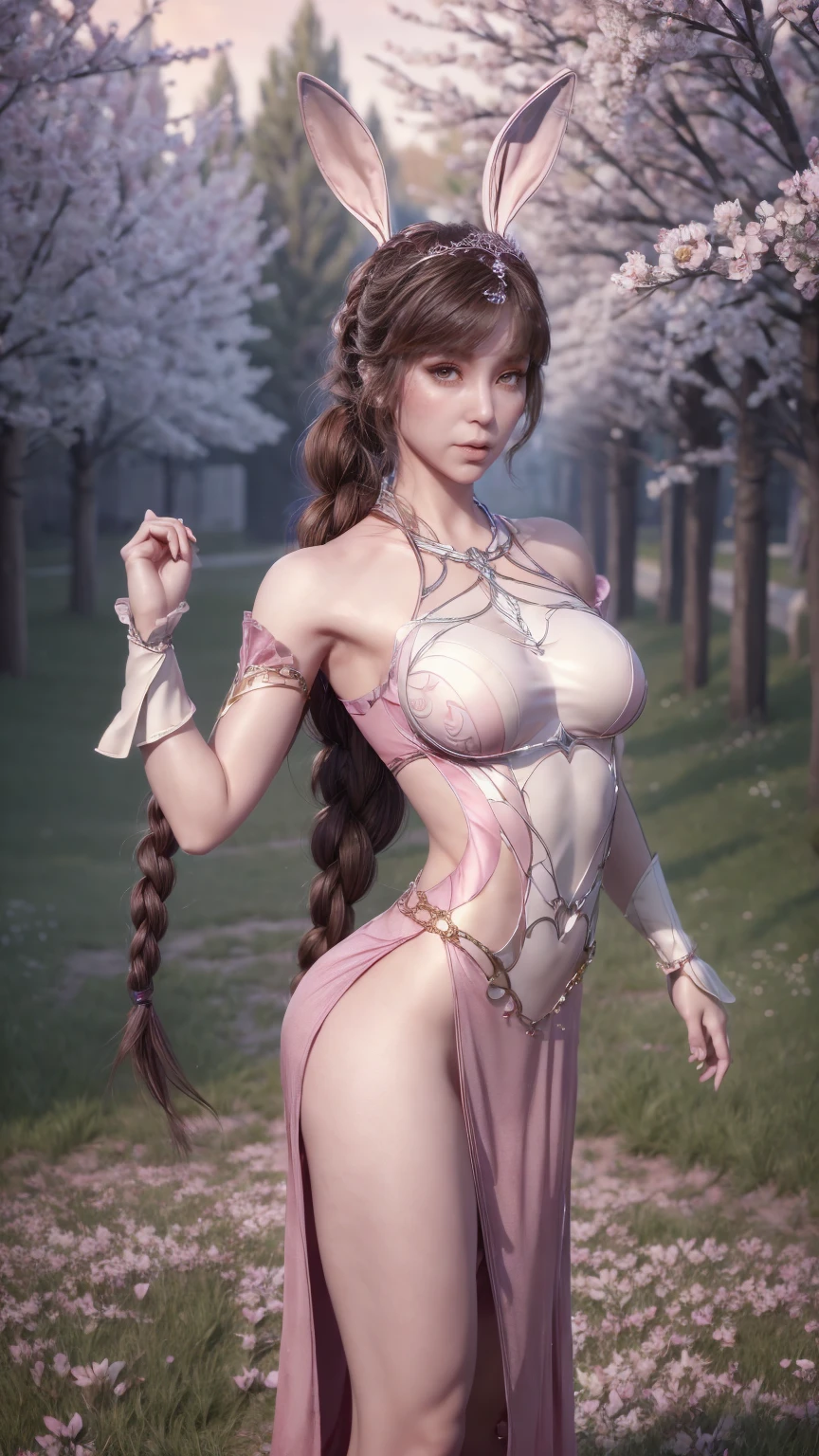 (((DLDLxiaowu, solo))), hairtie, ponytail, (1girl:1.3), Solo, __body-parts__, Official Art, Unity 8k Wallpaper, Ultra Detailed, Beautiful and Aesthetic, Masterpiece, Best Quality, RAW, Super Fine Photo, Best Quality, Ultra High Resolution, Photorealistic Photorealism, Sunlight, Full Body Portrait, Amazing Beauty, Delicate Face, Vibrant Eyes, (From the Front), Detailed Face, Gorgeous, Highly Detailed Skin, Realistic Skin Details, Visible Pores, Sharp Focus, Volume Fog, 8K uhd, DSLR, high quality, film grain, fair skin, photo realism, brunette hair, brunette hair, breasts, open eyes, split sleeves, skinny, transparent, pink, dress, transparent panties, pink, twisted braid, long braid, jewelry, gold accessories, gorgeous accessories, complex, delicate lips, long hair, medium breasts, outdoor, closed lips, petals, peach blossoms, rabbit ears, pink rabbit ears, standing, dynamic pose, ((full body)), blue skinny dress, double high slit dress, reveals a thick leg, in a garden full of roses, (((standing on one leg:1.2))), (((standing split:1.3))