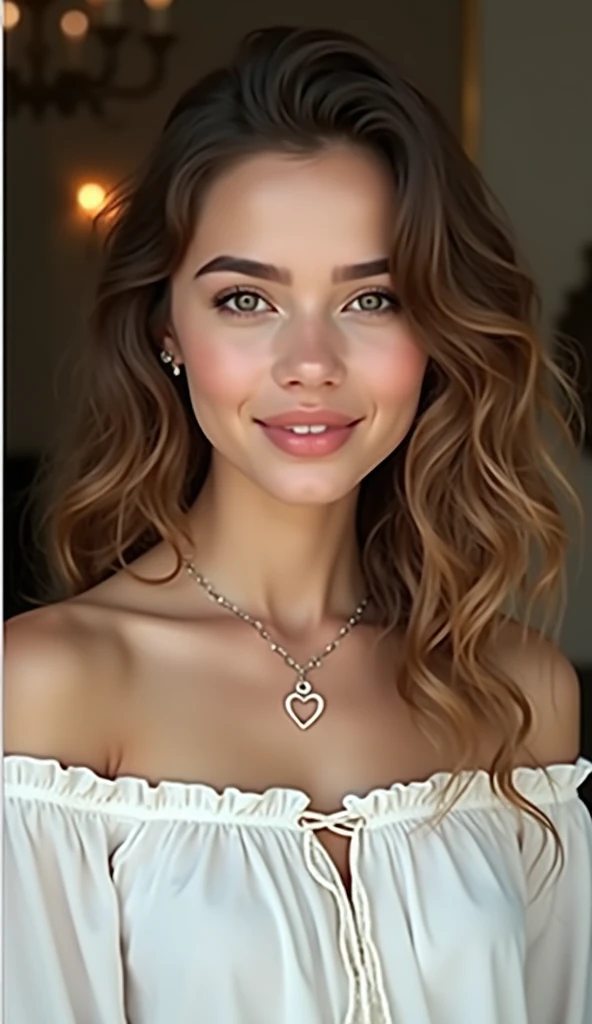 1girl, curly hair, off-the-shoulder white blouse, heart pendant necklace, smiling, internal environment lighting, detailed face, beautiful eyes, delicate lips, cinematic lighting, 8k, photorealistic, masterpiece, portrait