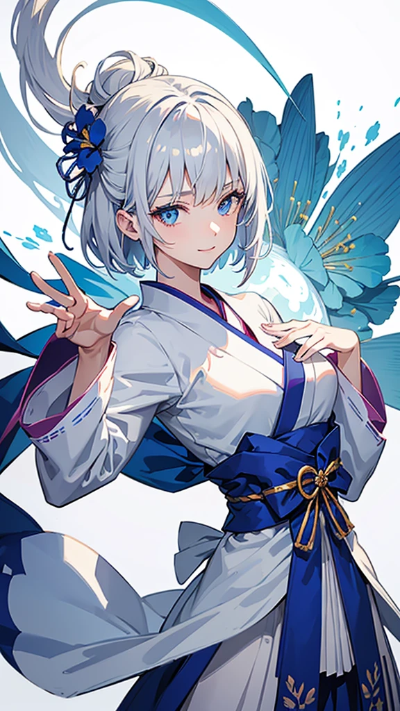 Anime character, half body only, upper body only, half body portrait, posing like a model, good looking, beautiful, full of details, aesthetic, hd, masterpiece art, amazing work. Solo, young lady, short hair, flower accessories, bluish gray colored hair, Lady, blue eyes, smile, elegant look, elegant carrying, white Japanese kimono, blue decoration, Lily flower theme, eyes facing camera, hands outstretched forward, hands asking for a hand , simple background.
