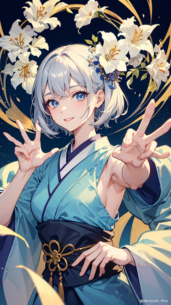 Anime character, half body only, upper body only, half body portrait, posing like a model, good looking, beautiful, full of details, aesthetic, hd, masterpiece art, amazing work. Solo, young lady, short hair, flower accessories, bluish gray colored hair, Lady, blue eyes, smile, elegant look, elegant carrying, white Japanese kimono, blue decoration, Lily flower theme, eyes facing camera, hands outstretched forward, hands asking for a hand , simple background.