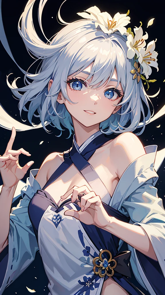 Anime character, half body only, upper body only, half body portrait, posing like a model, good looking, beautiful, full of details, aesthetic, hd, masterpiece art, amazing work. Solo, young lady, short hair, flower accessories, bluish gray colored hair, Lady, blue eyes, smile, elegant look, elegant carrying, white Japanese kimono, blue decoration, Lily flower theme, eyes facing camera, hands outstretched forward, hands asking for a hand , simple background.