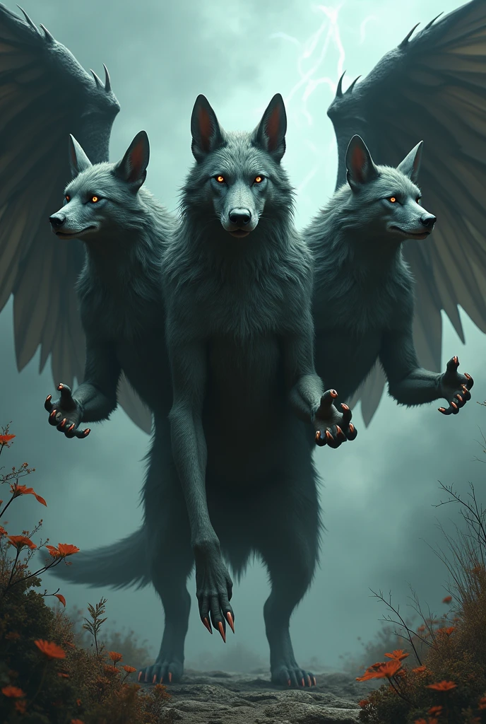 Dog, 3 heads, wings, 2 hands