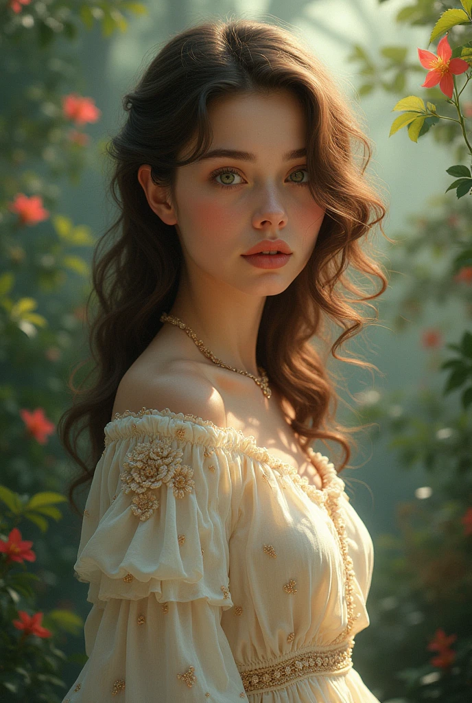 I want a girl with long curly hair, Caucasian skin, dress with cream (sweater type) the background will be a dark paradise