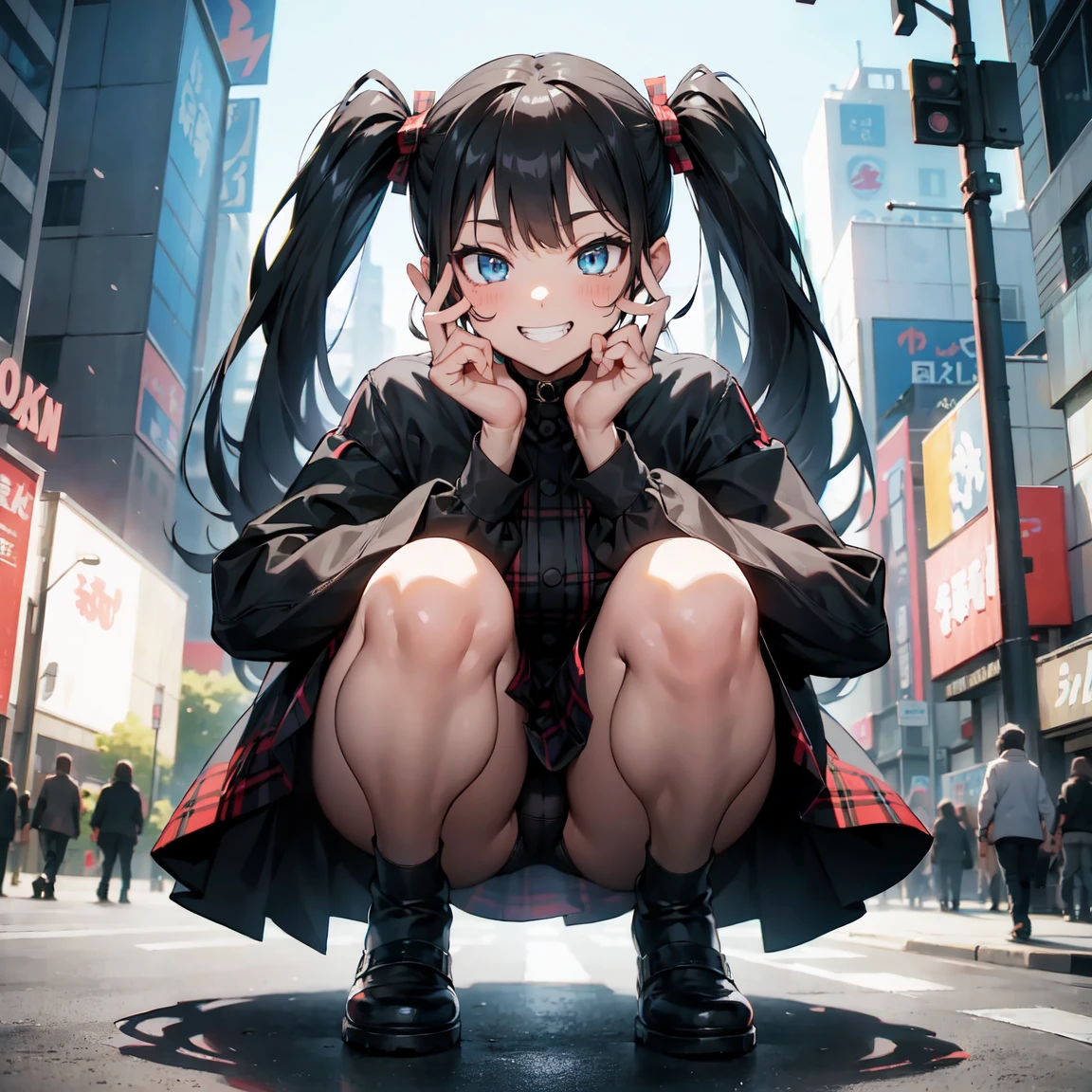 Very detailed, Absurd, Ultra-high resolution, Super detailed, Highest quality, One girl, alone, Nice hands, Perfect hands, Break Lanky,Gothic Dress,Nylon clothing,Denim dress,Saddle Jacket,Red tartan check pleated skirt BREAK (Grin, Wicked Smile:1.2), Open your mouth, Blake Slender Standing, cute, Perfectly symmetrical face, 超cute girl, 超cute face, Very detailed目, Super detailedな髪, 超cute, Super beautiful, Break in Harajuku, Shibuya Ward, Tokyo, street, crowd, Cityscape, Blake Medium Large Bust, black hair, blue eyes, Twin tails, squatting, spread legs, white thong, peace sign, from flont, dark skin,