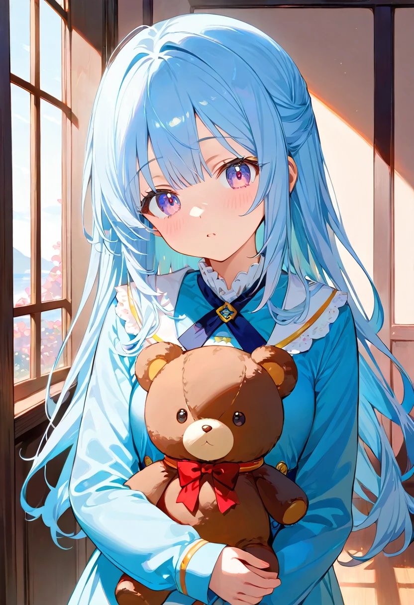 solo,, masterpiece, best quality, extremely detailed, (illustration, official art:1.1), 1 girl ,(((( light blue long hair)))), ,(((( light blue long hair)))),light blue hair, , long hair ((blush)) , cute face, big eyes, (best quality, masterpiece, highres), Long-haired anime girl holding teddy bear in her arms, Cute anime girl, Anime Girl with Long Hair, Cute Anime, Anime visuals of cute girls, Beautiful anime girl, an anime girl, young anime girl, soft anime illustration, Anime Girl, cute anime style, portrait of cute anime girlbabes, pretty anime girl, (Anime Girl), cute kawaii girl