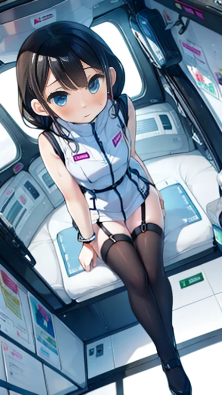 (Highest quality), (masterpiece), 1080P, High resolution, 4K, 8k, Inside the space station、Futuristic room、Thigh straps, Shooting from directly below, The woman on top of me, 白いSweat, Covered , Sweat, Woman looking down, Skirt swimsuit, Thigh-high socks, To achieve this, , , whole body, Black leather shoes, Braided hair, Inner Color, Embarrassed face, Short black hair, bracelet, Bedroom,celestial body_Vest