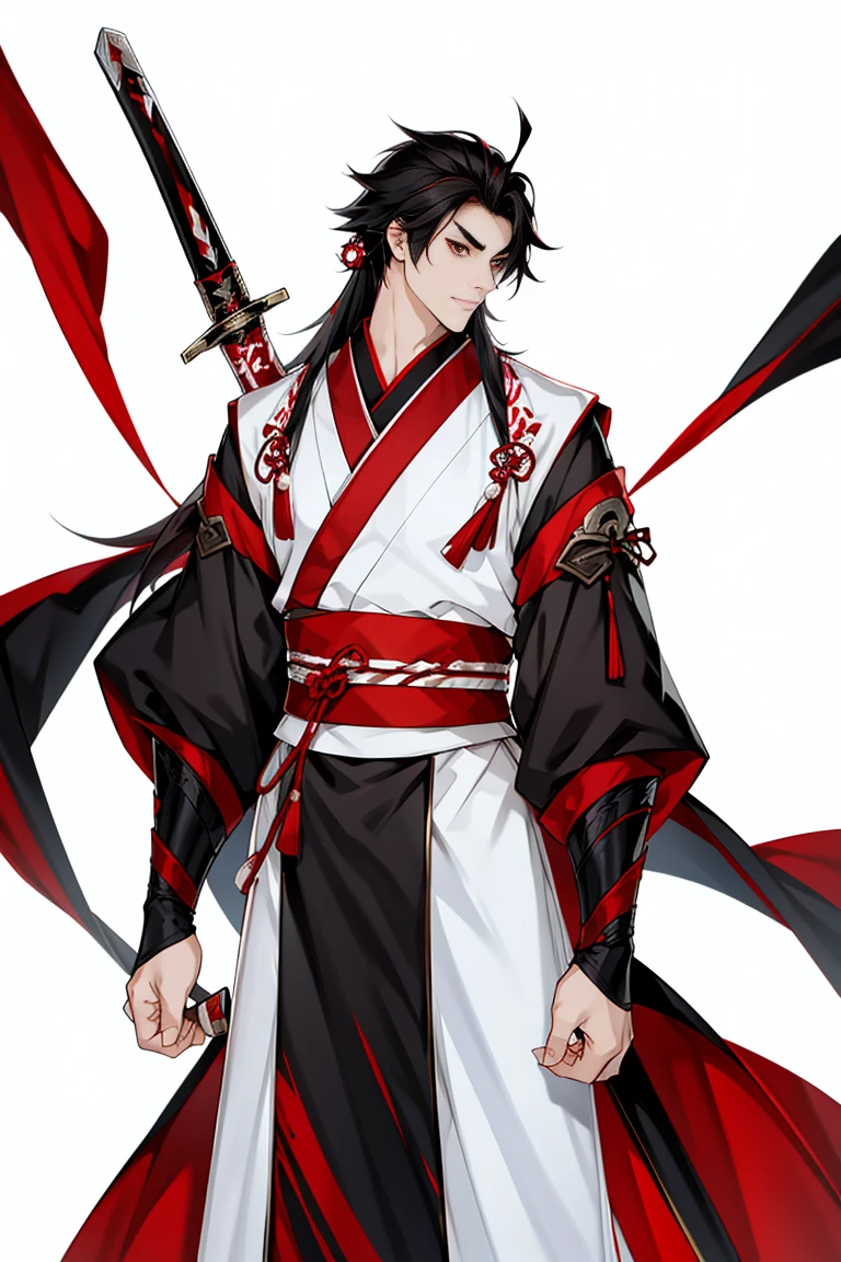 Japanese Man, black and red and barely any white Hanfu, red and white long sword, black hair with mxiture of dark red, red eyes