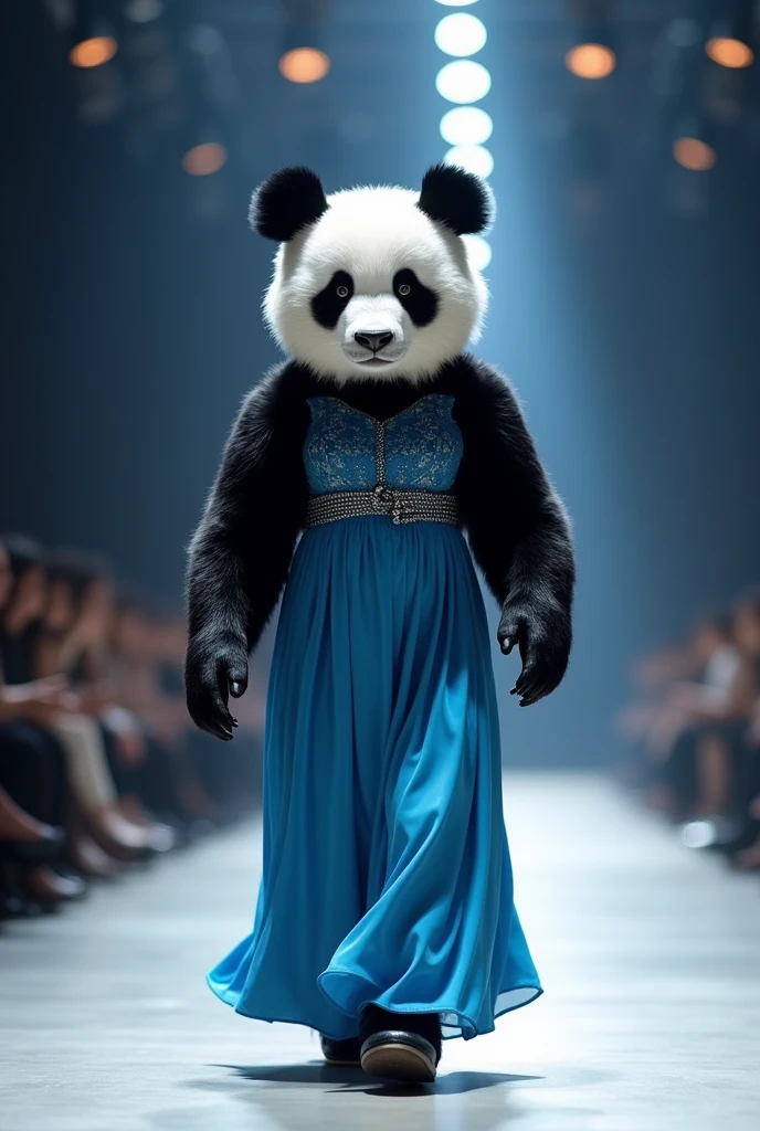 A beautiful panda wearing blue maxi cloth walking down the runaway at a fashion show,