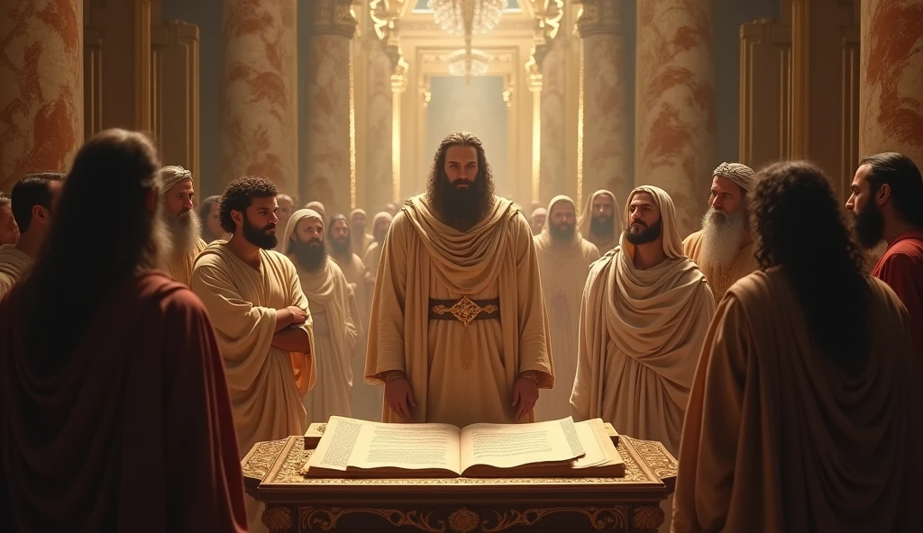 Create a hyper-realistic and mysterious image of Solomon in a grand setting, like a royal hall adorned with marble columns and tapestries in subtle tones, reflecting their ancestral wisdom. Solomon is in the center, standing next to a table full of ancient scrolls and valuables. In front of him, People of different ages and backgrounds, wearing traditional biblical attire, watch closely as he shares his prosperity secrets. Soft, golden lighting should create an enigmatic ambiance, suggesting the transformative impact this wisdom can have on the financial lives of those who seek it.