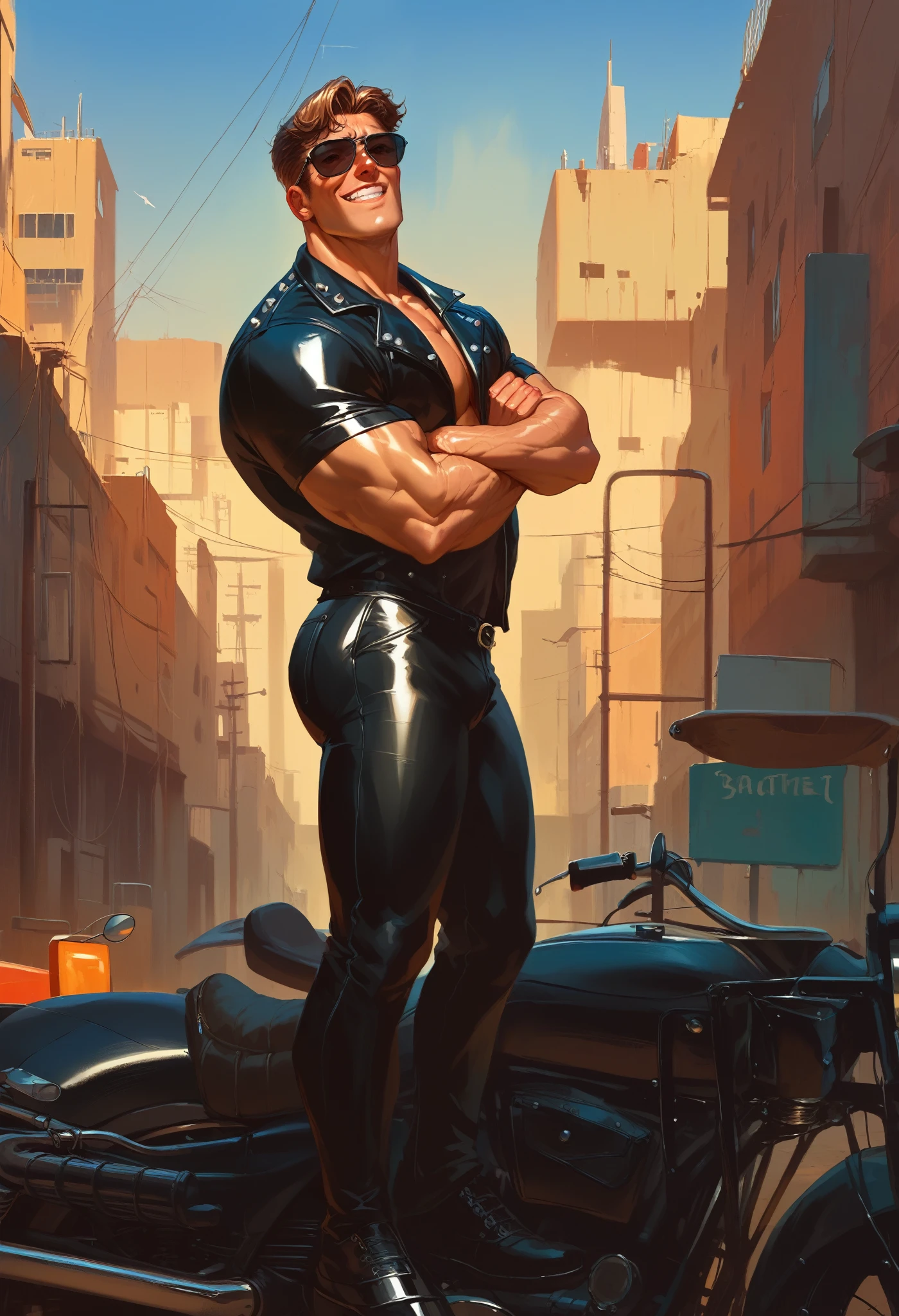 Handsome and huge gangster bodybuilder Roman Todd on motorcycle, huge muscles, crotch lump, Shiny black quilted and studded leather jacket with high spikes, shiny black leather shirt, shiny black leather pants, black sunglasses, industrial architecture: 1.4), retrofuturism, crazy details, (Fujiflim XT3), 20 megapixels,