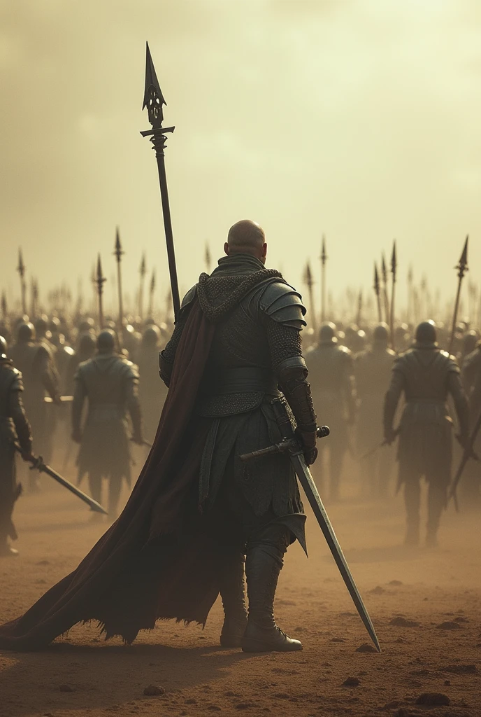 Create a photo of a lonely warrior  against a huge army  of enemies 