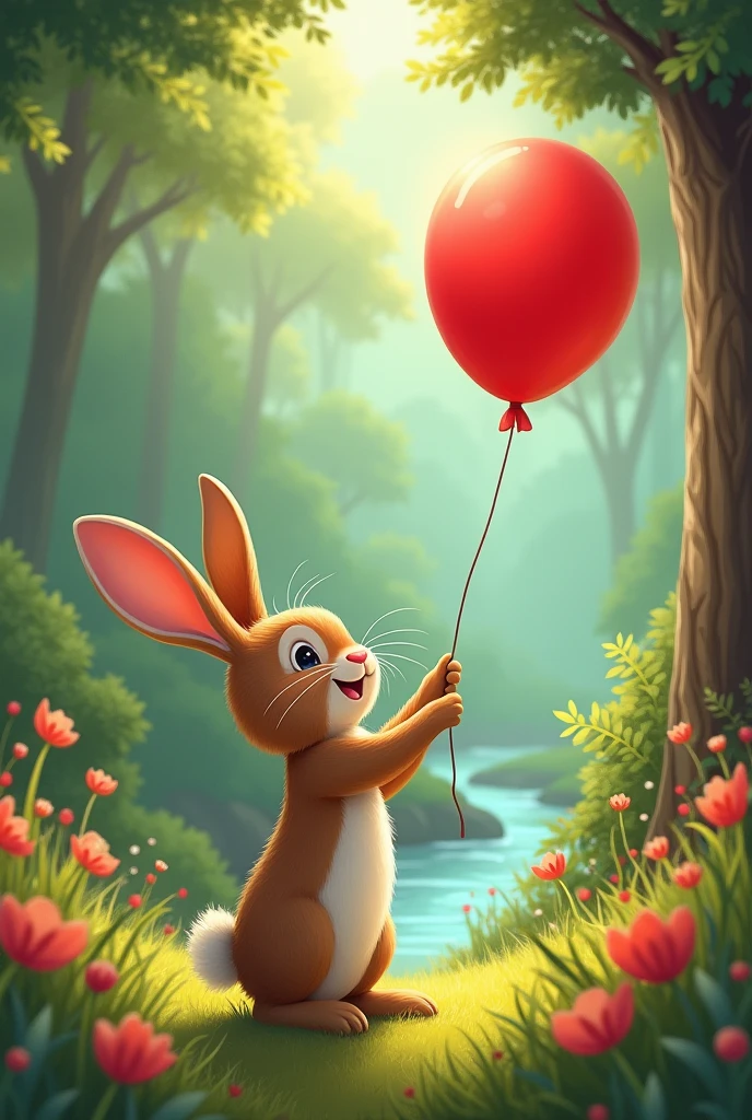 One day, while jumping through the forest, Lino the brown bunny found a bright and beautiful red balloon tied to a branch. "what a joy!" Lino thought. He decided that the balloon would be his new friend and he took it everywhere.: to the river, to the field of flowers and even to the top of the largest tree.
