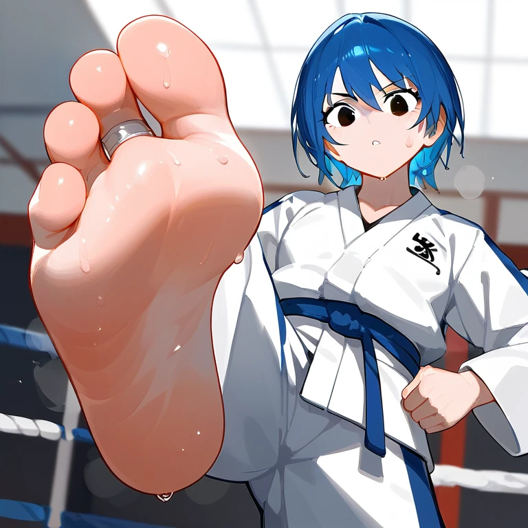 In the ring，一个可爱的男孩露出脚Low Angle，Lift one foot，One-leg stand，black eyes，Blue Hair，short hair，There are bangs between the eyes, Blue Unicorn，black eyes，karate，Taekwondo，Each foot has five toes，Foot 8，Sweating feet，sole details，Clear facial features，barefoot, Sweating on the soles of the feet, Perfect feet,A big foot，Stamp your feet，Anatomically accurate feet, (Each foot has five toes)，Solitary，Low Angle