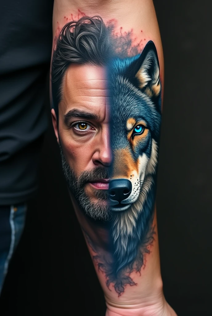 A tattoo of a man's face and the other half of a blue-eyed wolf that fits on the forearm