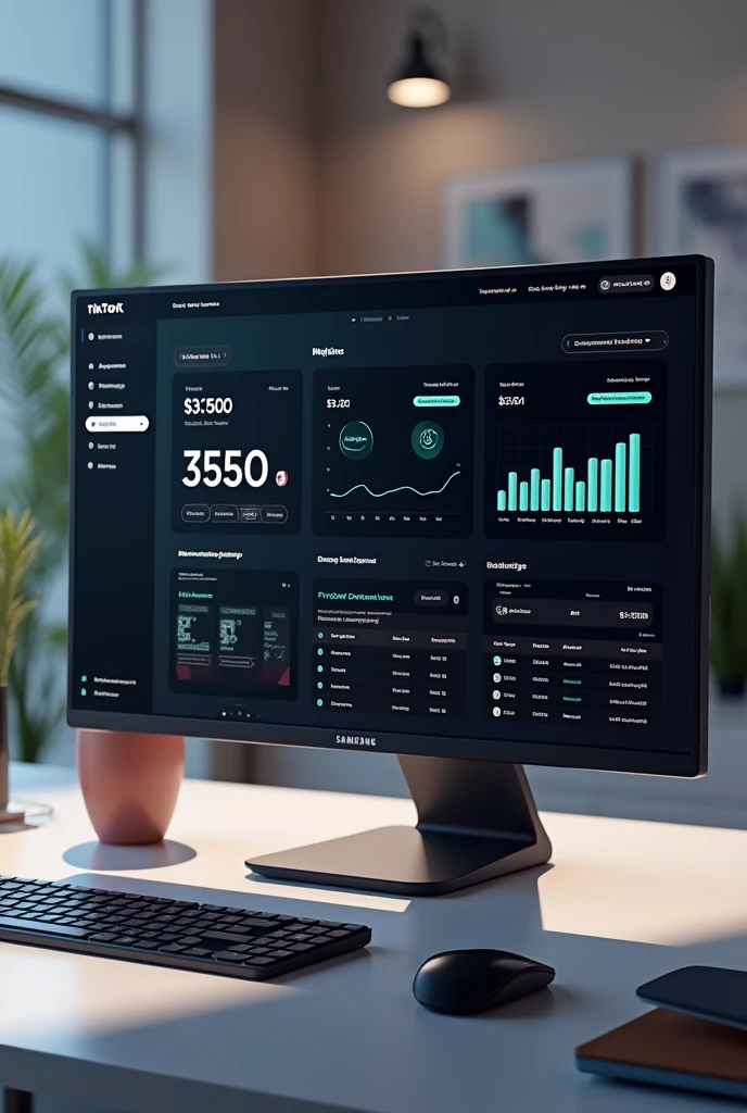 Create a TikTok analytics image with $3500 monetization balance on a realistic Samsung computer