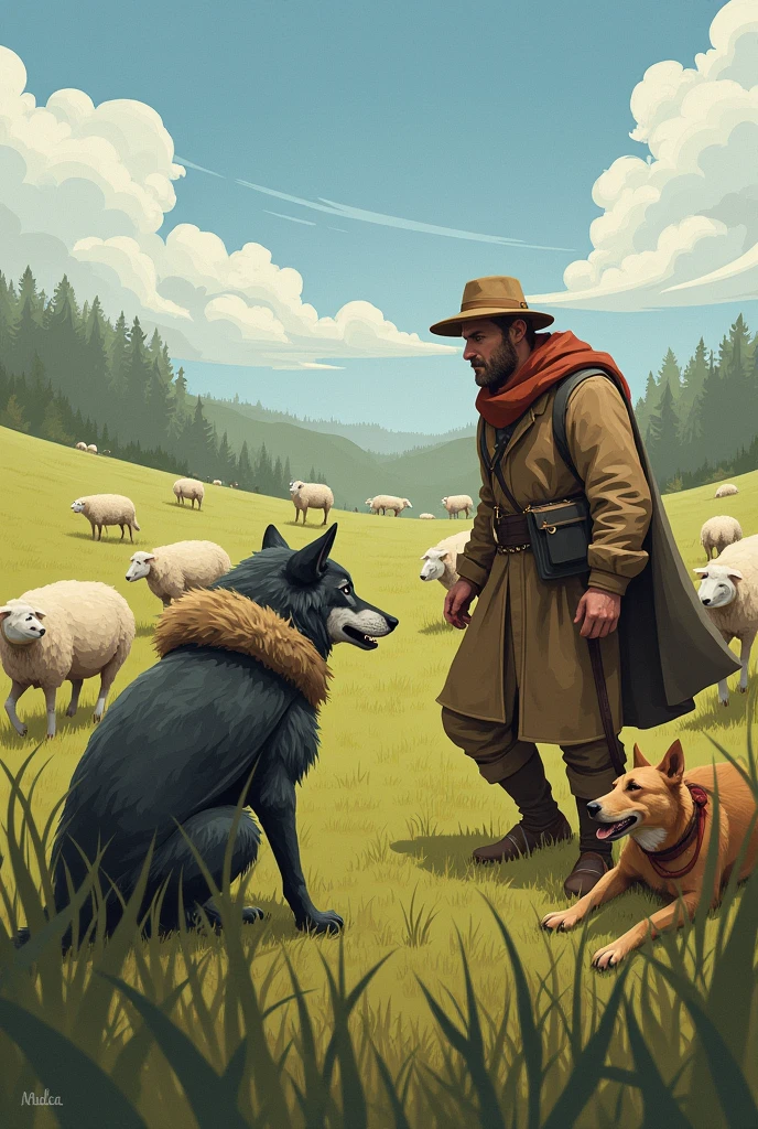 Now the wolf dressed as a shepherd imagines in his mind tasting the sheep. But then the shepherd and his dog come out because they notice the presence of the wolf who was dressed as a shepherd., making the wolf run and come out hearing on all fours
