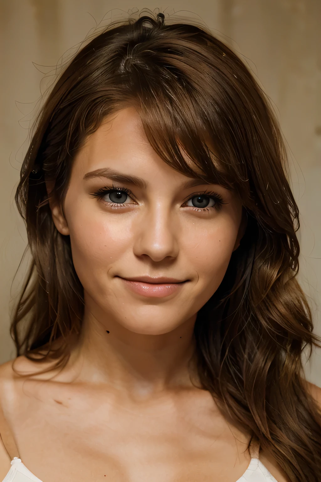Beautiful 30 year old woman, head shot photograph, tanbed skin, light brown hair, beautiful eyes, dimples,