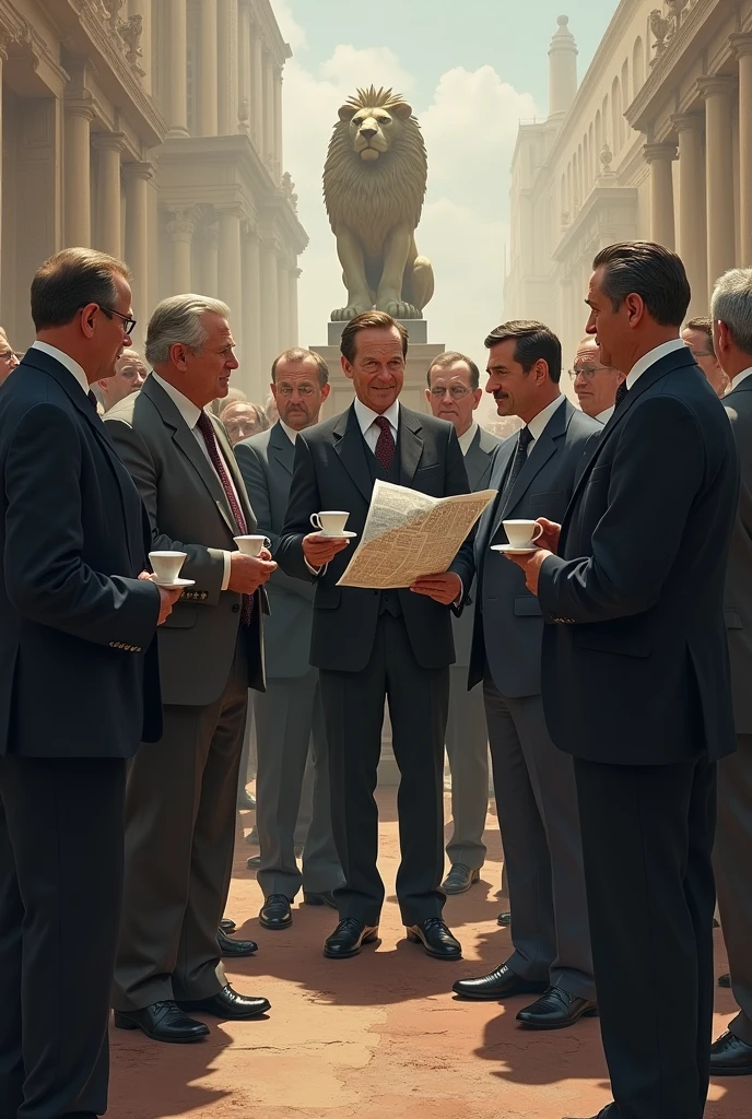 a group of representatives from various nations, like Great Britain, France and Japan, They are represented standing around the lion, with a disinterested look and holding cups of tea or newspapers. They are engaged in a casual conversation, seemingly oblivious to the chaos going on in the background.