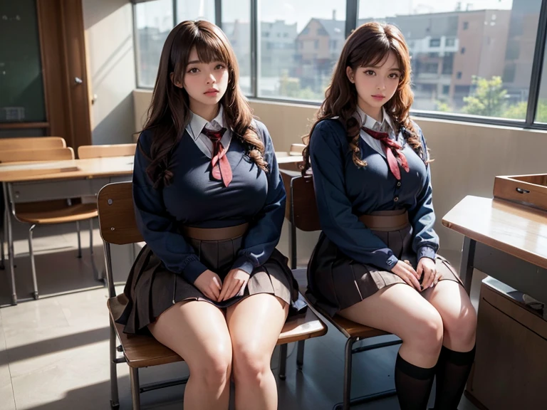 Highly detailed intricate 3D rendering of a face、(masterpiece、Highest quality、Octane Rendering, 8k , 2 people, school uniform, seifuku, Long brown curly bangs, Classroom scene, Crowded people々, Sitting, Big Hips, Thick thighs, View mobile phones, Give the image a soft focus,