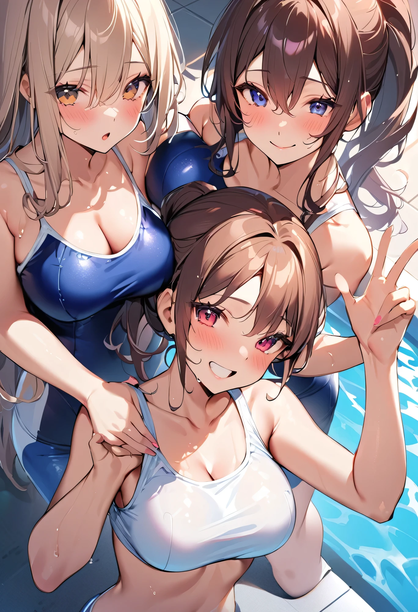 paizuri, 9girls,, pov, twintails, wavy hair, ponytail, , paizuri, penis between the breast, , nudist beach, nipples, bikini, wet penis