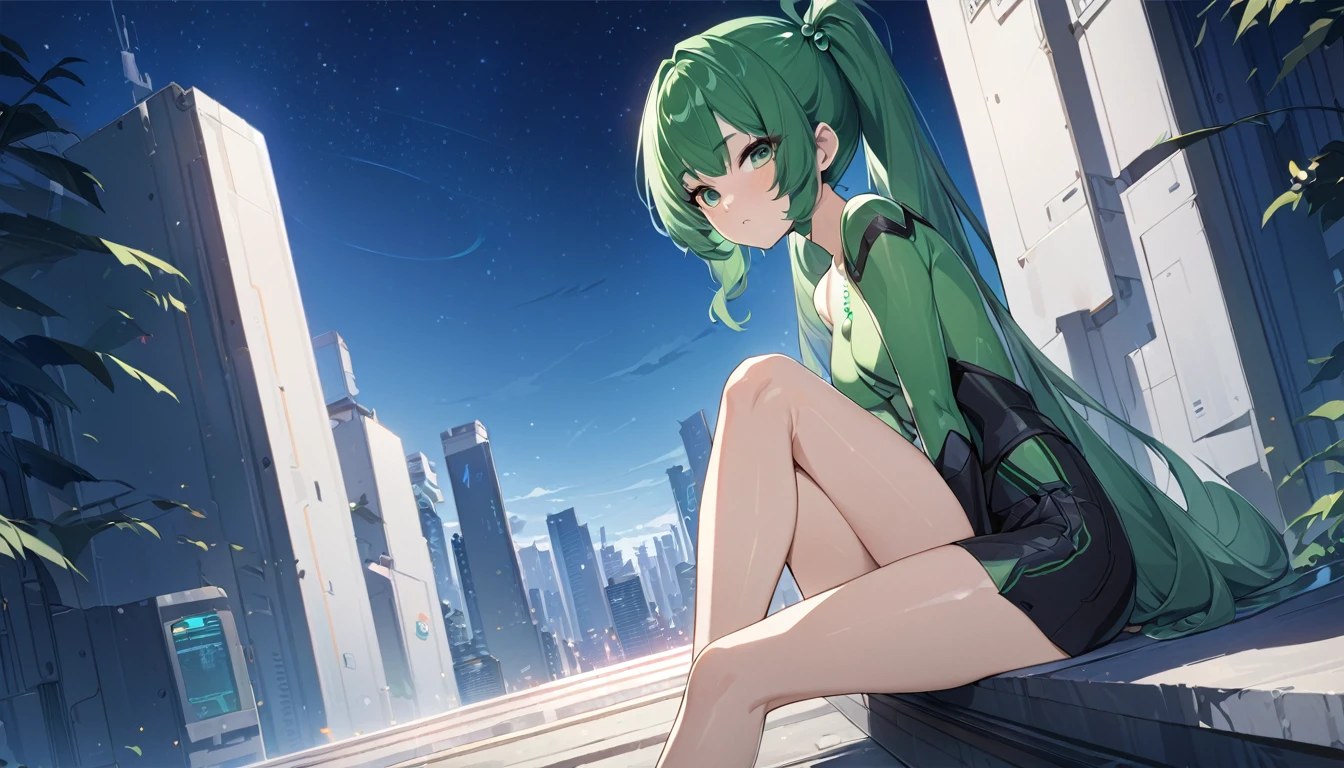 1 anime girl，masterpiece，high resolution，Anime Art，Anime Numbers， 4k anime wallpaper，Soft Light，Radiant Skin，Looking at the camera，Solitary，Sitting sideways on a flat roof，Green twin ponytails，Green beads in hairm chest，There are two red lines on the belly，(Green eyes: 1.3)，Slender legs，Modern City，Starry Sky