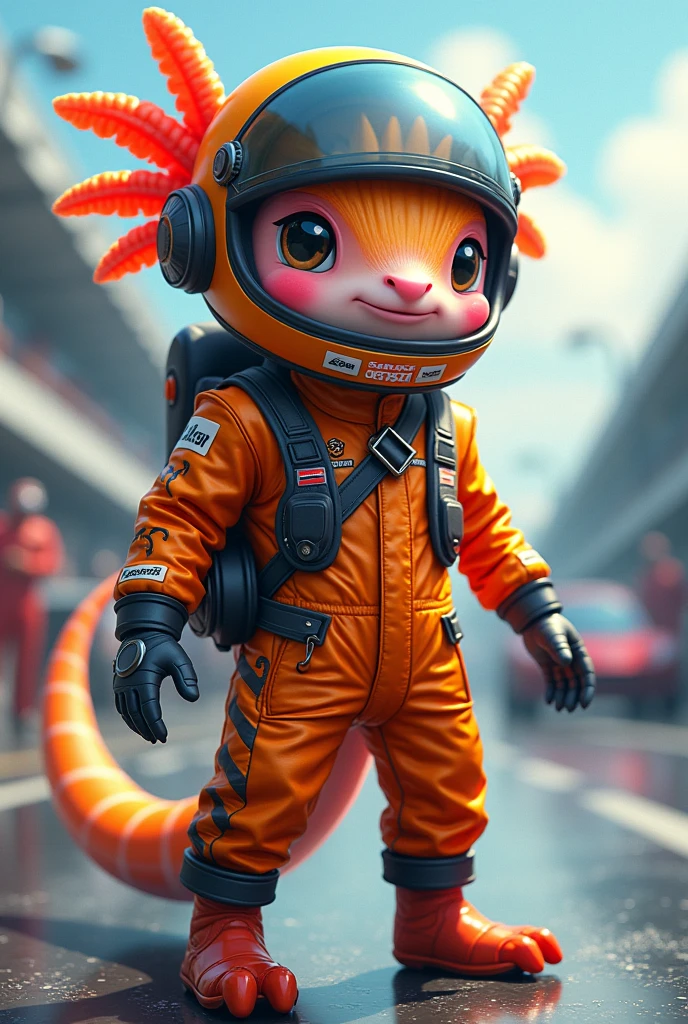 Axolotl being a racing driver with his suit but showing the complete axolotl being a driver but pretty