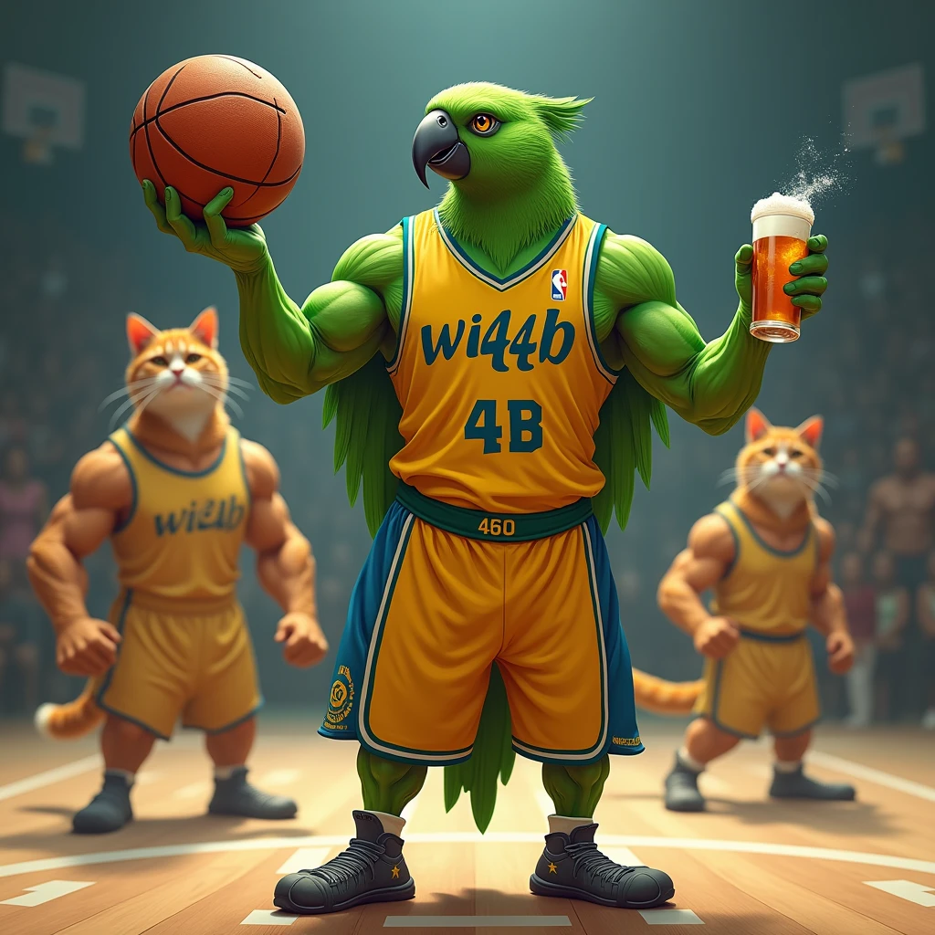 A muscular Brazilian parrot in humanoid form with a basketball outfit written on it "W4B" with a basketball in his arm and a beer in his hand in a basketball team with several humanoid and muscular cats in a more realistic style
