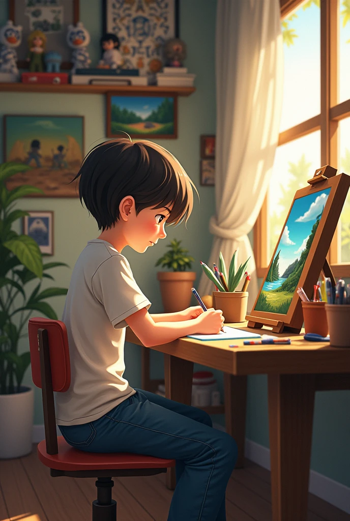 I want a picture of a boy with dark brown hair, of short stature. He is sitting in his room at a work table drawing landscapes. He is wearing his t-shirt and jeans. In his room you can see some decorations like anime figures and paintings..