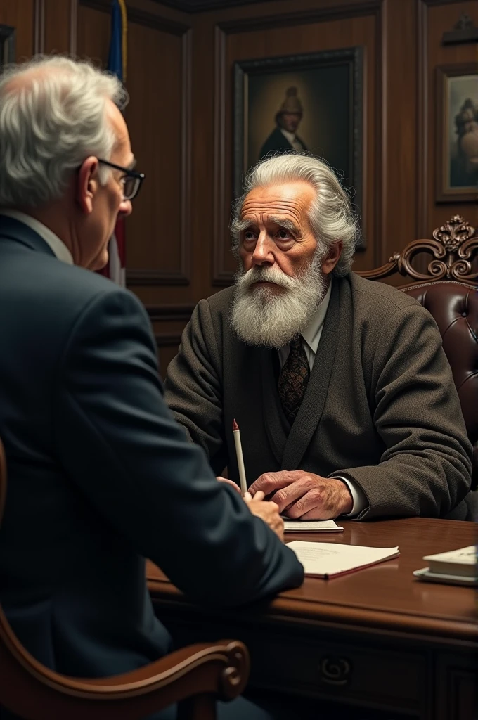 Create an old man sitting in front of an official