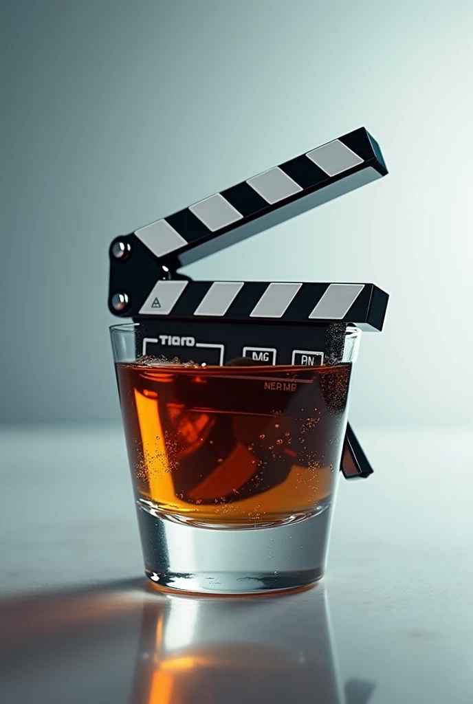 An image for the logo of a channel for film cuts where the image should contain a clapperboard diagonally inside a shot glass but the clapperboard should not be completely inside the glass just a tip of it, without any liquid inside the glass and the clapperboard should only be with the lower left diagonal inside the glass
