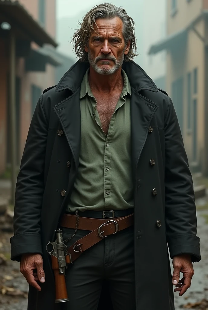 His name is Tom, he has a 1,81 a scar From the chest to the shoulder on the left side, and three shots in the back near the spine, he wears a black overcoat down to his knees, and a light green woolen t-shirt under the overcoat, and black pants, her hair is shoulder length and black with some gray strands, his eyes are black and he has deep circles under his eyes,
He is 82 kilos and 4., always carries a Colt revolver, with the brown holster on the right hip, He smokes a lot but has a fit body and does what needs to be done to protect those he loves..