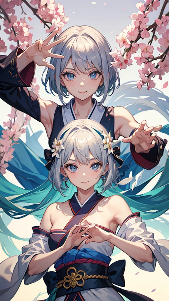 One Woman、Beautiful silver hair、((((Very short hair))))、French braids、skyblue eyes、Beautiful Eyes、(hair band)、(((Blunt bangs))), ((Medium Chest)), 24-years-old、 (((dark skin))), Tight waist, nsfw, One Girl、Beautiful silver hair、((((Very short hair))))、French braids、skyblue eyes、Beautiful Eyes、(hair band)、(((Blunt bangs))), ((Medium Chest)), 24-years-old、 (((dark skin))), Tight waist, 大きくLaughing with your mouth open, ((Spread arms to your audience:2.0)),Glossy pink lips,night,rooftop,Festive decorations,You can see the ocean, firework,Laughing with your mouth open,Glossy pink lips,Facial lighting,((Anime style background)),masterpiece, Highest quality, so beautiful,up to date, Complex details, (Pink long nails),(ring),(bracelet),(choker),AI-generated, Complex,High resolution, Highest quality, super high quality,3D Images、3D Images, ((fine grain、Colorful eyes、Shining Eyes:1.3)),(Squint your eyes:1.1),a hyperRealistic , hyperRealistic , Realistic, Smooth anime CG art, Colorful kimono with gold embroidery, (Pink long-sleeved kimono),Red floral pattern,Long flower hair ornament,big floral earrings,Abdominal muscles,Tight waist,(Zoom in on face:1.6),Shooting from an angle
