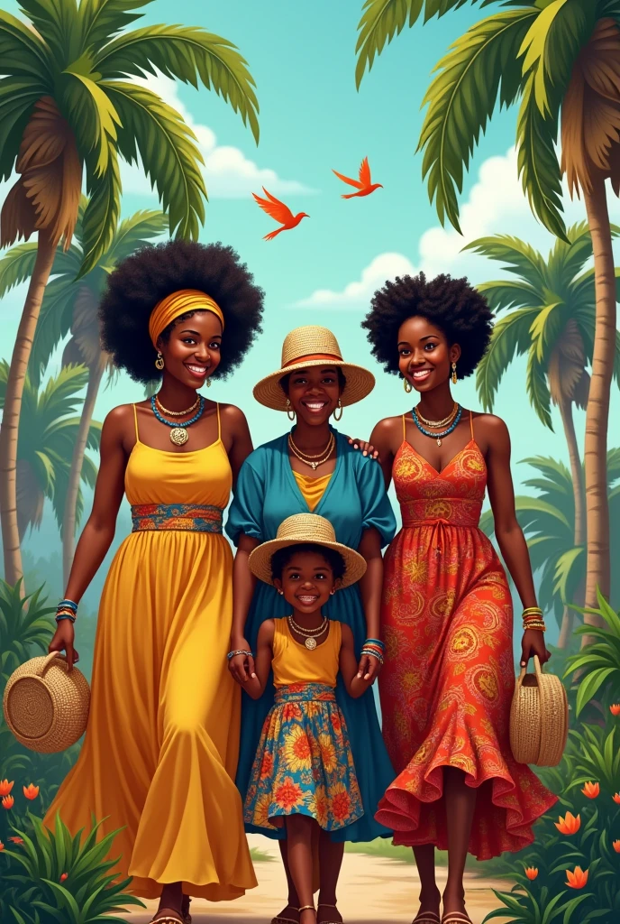 Une image d une mère afro haïtienne bien en chair, a un bandeau sur les cheveux crépus, habit traditionnel avec des motifs petites maison en pailles, des colliers et bracelets. Sa fille 35 ans afro haïtienne, cheveux crépus, habits traditionnel, colliers et bracelets accompagnee de sa fille 27 ans, ainsi que la grand mère, très coquette,afro haïtienne, habit traditionnel. Elles sont belles, très joyeuses, se promenant dans l allée d un jardin de palmistes colores, Des oiseaux dans le ciel.