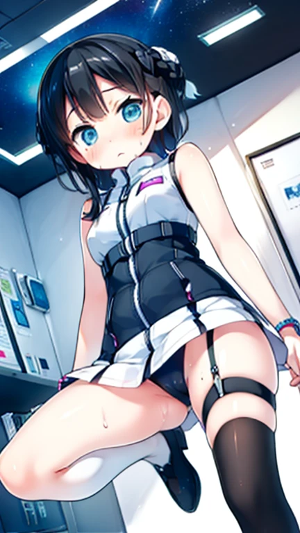 (Highest quality), (masterpiece), 1080P, High resolution, 4K, 8k, Inside the space station、Futuristic room、Thigh straps, Shooting from directly below, The woman on top of me, 白いSweat, Covered , Sweat, Woman looking down, Skirt swimsuit, Thigh-high socks, To achieve this, , , whole body, Black leather shoes, Braided hair, Inner Color, Embarrassed face, Short black hair, bracelet, Bedroom,celestial body_Vest
