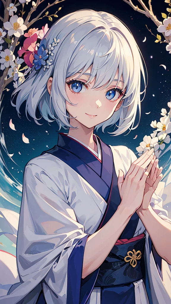 Anime character, half body only, upper body only, half body portrait, posing like a model, good looking, beautiful, full of details, aesthetic, hd, masterpiece art, amazing work. Solo, young lady, short hair, flower accessories, bluish gray colored hair, Lady, blue eyes, smile, elegant look, elegant carrying, white Japanese kimono, blue decoration, Lily flower theme, eyes facing camera, hands outstretched forward, hands asking for a hand , simple background.