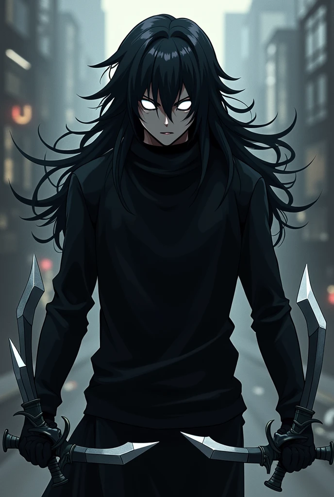 Make a My Hero Academia style character that has a black sweater and white eyes and totally black hair and with daggers in his hands