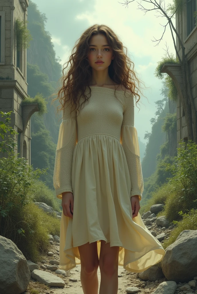 I want a girl with long curly hair, Caucasian skin, dress with cream (sweater type) the bottom will be a destroyed paradise