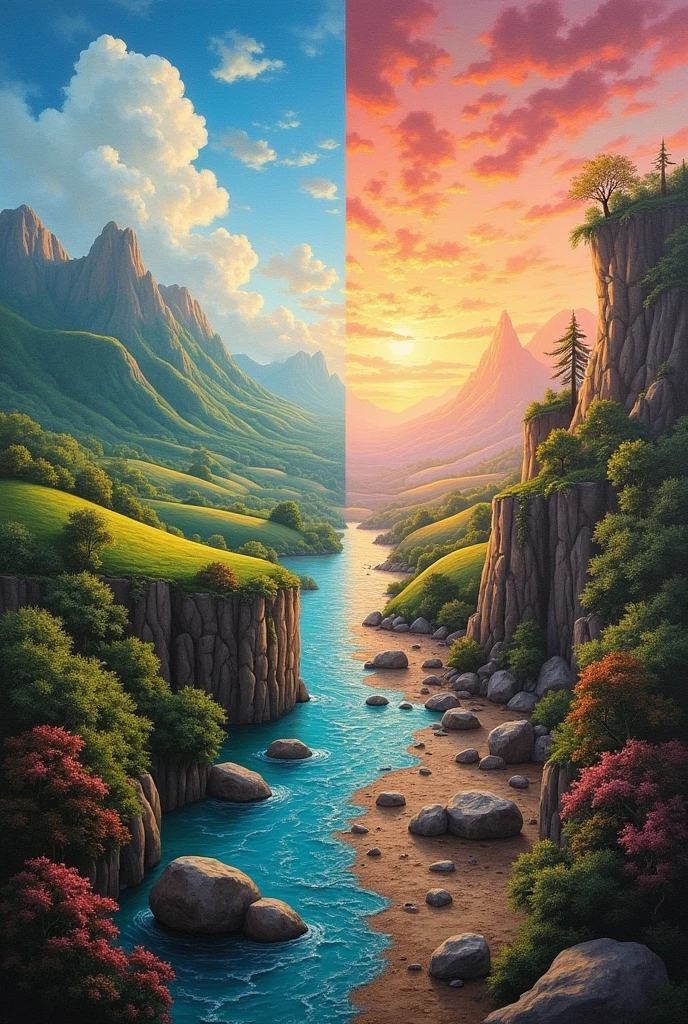 a painting of a landscape half a beautiful world and half a colorless world