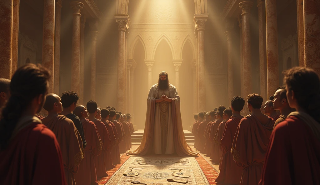 Create a hyper-realistic and mysterious image of Solomon in a grand setting, like a royal hall adorned with marble columns and tapestries in subtle tones, reflecting their ancestral wisdom. Solomon is in the center, standing next to a table full of ancient scrolls and valuables. In front of him, People of different ages and backgrounds, wearing traditional biblical attire, watch closely as he shares his prosperity secrets. Soft, golden lighting should create an enigmatic ambiance, suggesting the transformative impact this wisdom can have on the financial lives of those who seek it.