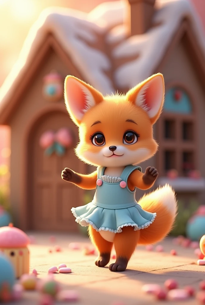 A  fox cub stands on its hind legs,The cutest little fox I&#39;ve ever seen,Adorable appearance!!!,
Cute chocolate candy house background,He dances,
She is wearing a frilly outfit like a cute idol in light blue.