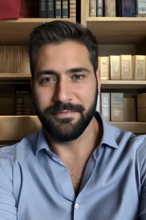 handsome man with mature face, unshaven beard, short cut hair, looking at selfie, slightly-smile , wearing a formal shirt. background image with some books on the shelf.
