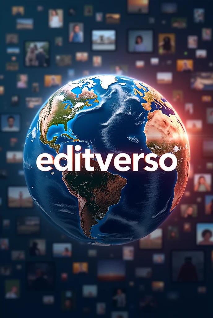 realistic image of planet earth, in the background of the image dozens of Instagram videos and inside the globe the word "editverso" with effects and font that refer to a logo