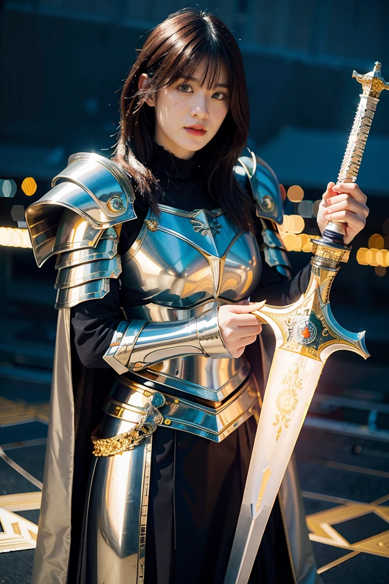 (masterpiece, best quality), A paladin holding a light infused sword, light magic, divine, magewave, silver and gold, 4k, dark cityscape, Fujifilm